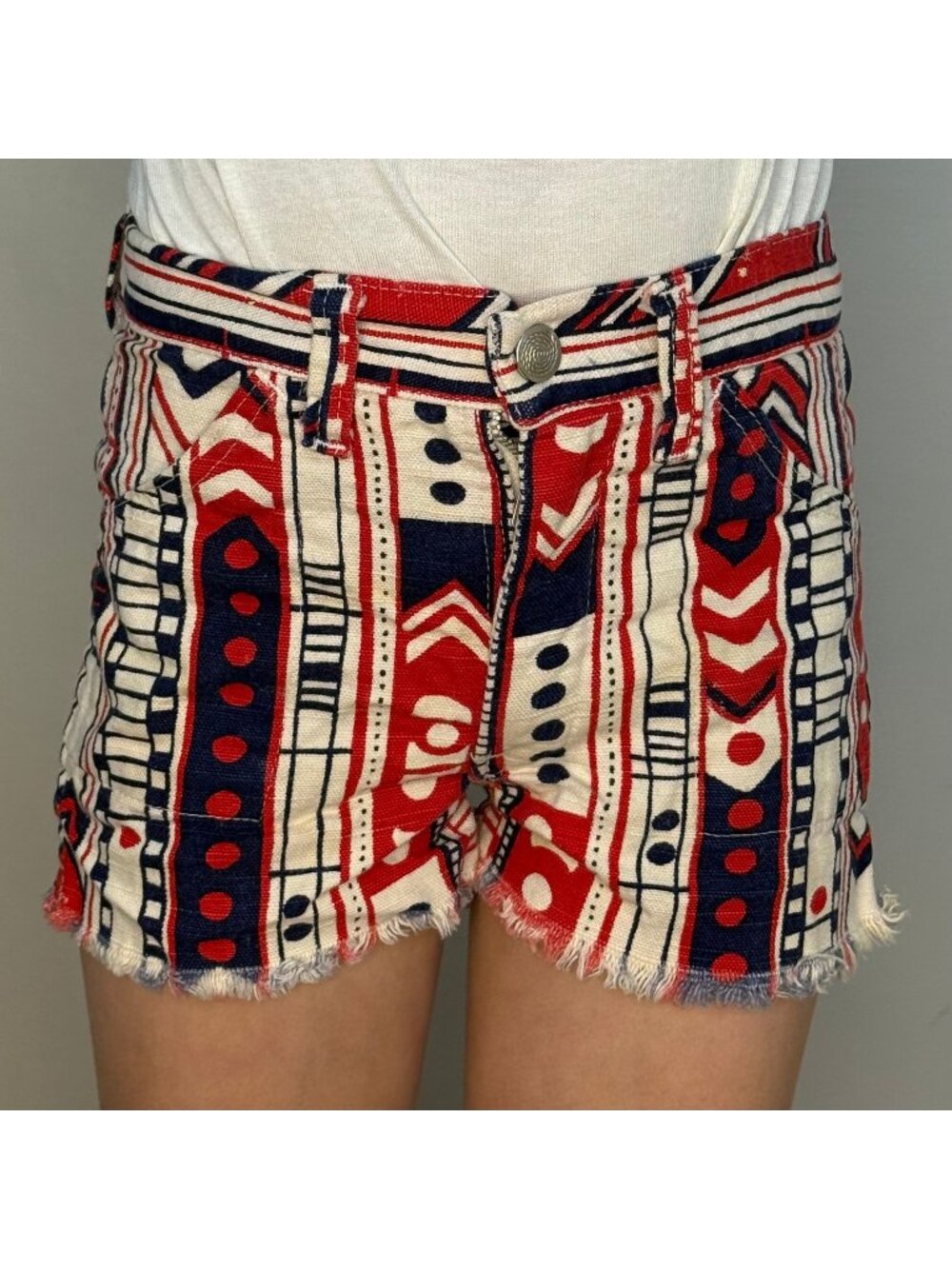 Vintage 1970s Printed Denim Shorts, Cut Offs, Kids Size 4/5, Red White and Blue
